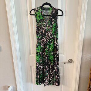 & Other Stories Floral Print Sleeveless Tiered A-Line Midi Dress Green/Black 0